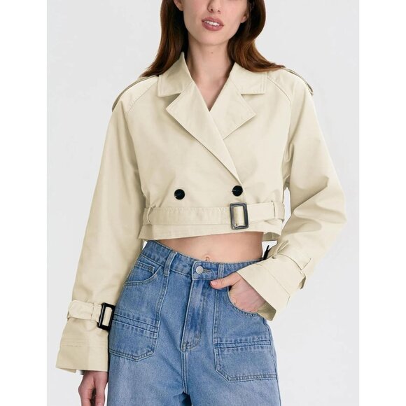 Women's Cropped Bike Jacket Casual Double Breasted Trench Coat with Belt Beige - Picture 2 of 6
